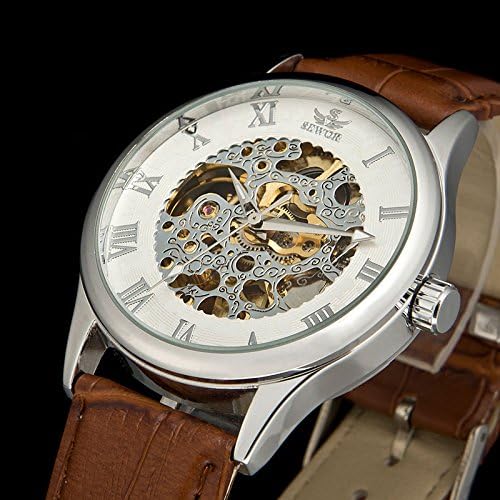 Sewor Men's Mechanical Hand Wind Watch Mens Leather Strap Watches