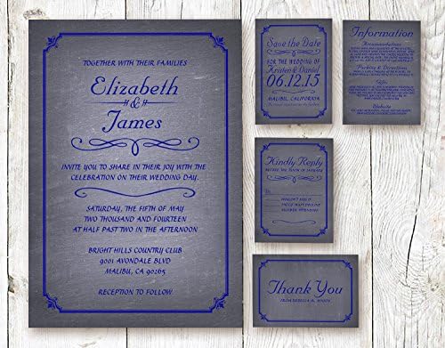 Royal Blue Chalkboard Wedding Invitations Suite (Invite, RSVP, Save the Date, Info &amp; Thank You Cards)
