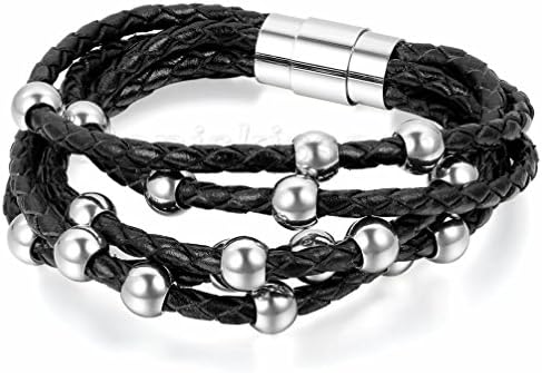 Janestore Stainless Steel Braided Leather Bracelet Flower Beads Magnetic Cuff Bangle