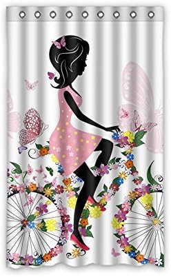 DONGMEN Beatiful Girl Riding a Bike of Colorful Flowers Butterflies White Ployester Window Curtain 52"x84" One Piece Perfect for Living Room Bedroom Bathroom Kitchen and Kids' Room