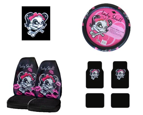 Best Price 7-Piece Lady Skull Automotive Interior Gift Set - 4 Universal Fit Plush Carpet Floor Mats For Cars / Trucks, 2 Universal-fit Front Bucket Seat Covers and One Simulated Leather Steering Wheel Cover
