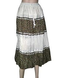 Bollywood Designer Multi-colored Floral Printed White Crinkle Cotton Knee Length Skirt 29"length Free Shipp