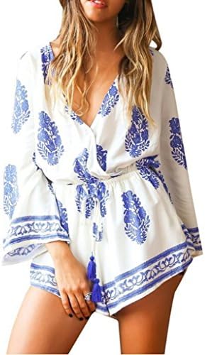 Gasion Women Sexy Boho Long Sleeves Deep V Dress Floral Print Jumpsuit White Asian XL