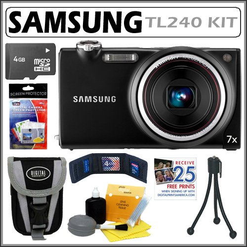 Samsung TL240 14MP Digital Camera with 31mm Wide Angle 7x Optical Zoom Lens and 3.5-inch Touch Screen in Black + 4GB Accessory Kit