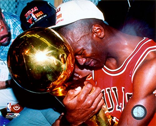 Michael Jordan Game 5 of the 1991 NBA Finals with Championship Trophy Photo 10 x 8in