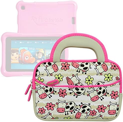 Evecase Fire HD Kids Edition Tablet / Kindle Oasis E-Reader Sleeve, Cute Cow Themed Neoprene Travel Carrying Slim Sleeve Case Bag w/ Dual Handle and Accessory Pocket - White w/ Pink Trim