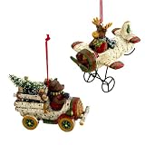 Set of 2 Bear Driving & Deer Flying Christmas Ornaments