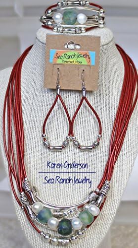 "Tribal Sea" Leather, Pearls, Glass, &amp; Silver Tribal Beads Jewelry (Necklace, Bracelet, Earrings) Choose Red, Green, Black or Brown Leather.