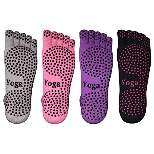 CXYY 4 Pairs Cotton Yoga Socks with Five Full toe Non Slip Grips Pilates Socks ( Black Purple Pink Gray)