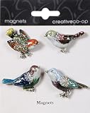 Pewter Bird Magnets with Jeweled Accents, Set of 4