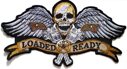 11"x6" Big Jumbo Large LOADED READY Gun Pistol Cross Skull Ghost Evil Wings Feather Cowboy Gunman Rider Biker Punk Rock Hippie Retro Tatoo Logo Back Motorcycles Jacket T-shirt Patch Sew Iron on Embroidered Sign Badge Costume