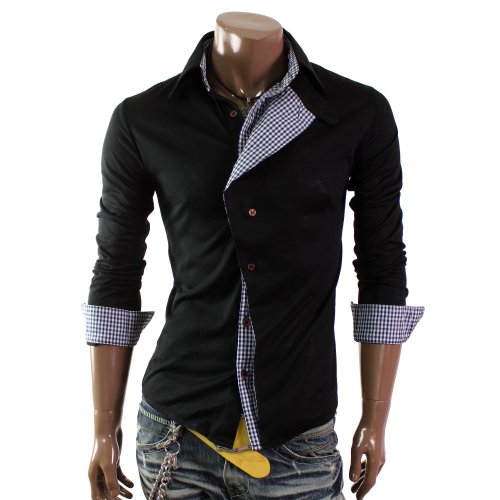 Mens Casual Stylish Checker Pattern Patched Dress Shirts(W04S)