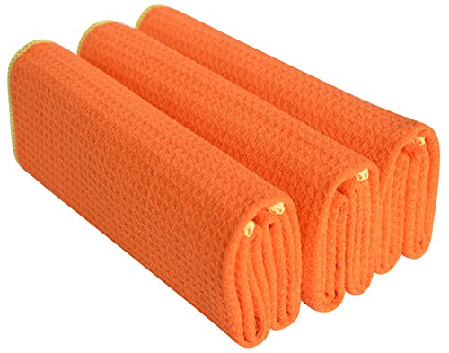 Sinland 16 Inch X 24 Inch 320gsm Thick Microfiber Waffle Weave Kitchen Towels Dish Drying Towels Dish Cloths(pack of 3,orange/edge Yellow)