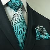 Landisun 65K Black Teal Novelty Pattern Men Silk Tie Set:Tie+Hanky &Plastic Hook