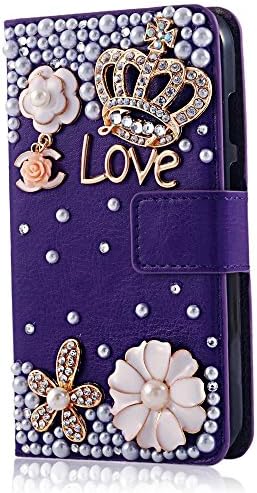 Rosepark(TM) Moto G leather case, 3D Handmade Bling Crystal Crown Rhinestone Flower Pearl Diamond Design Sparkle Glitter Leather Wallet Type Magnet Flip Case Cover for Moto G(Purple), With Screen Protector, Stylus Pen and Cleaning Cloth