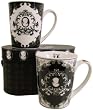 Black & White Ornate Cameo Gift set 2 Tall Porcelain Mugs in Carrying Case