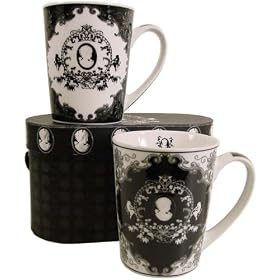 Black and White Ornate Cameo Gift set 2 Tall Porcelain Mugs in Carrying Case by PPD
