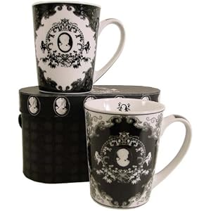Black and White Ornate Cameo Gift set 2 Tall Porcelain Mugs in Carrying Case by PPD