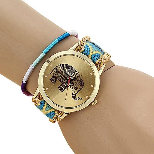 Soulvin Geneva Elephant Charm Watch Women Colorized Weave Belt Wrist Bracelet Watch Blue