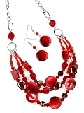 Silver Tone Chain Link Layered Red Beaded and Shell Necklace & Earrings Set Fashion Jewelry