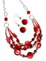 Silver Tone Chain Link Layered Red Beaded and Shell Necklace & Earrings Set Fashion Jewelry