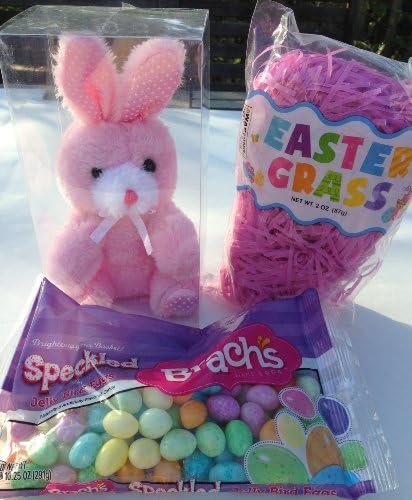Easter Basket Basics 3 Item Bundle - Pink Plush Bunny, Non-edible Pink Easter Grass Stuffing and Brach's Speckled Jelly Beans