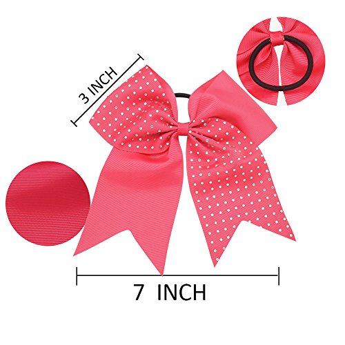 CN 7 Inch Girls Big Hair Bow Rhinestone Cheer Bow Attached Elastic Hair Tie for Cheerleader
