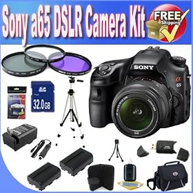 Sony A65 24.3 MP Translucent Mirror Digital SLR With 18-55mm Lens + 32GB SDHC Memory + 2 Extended Life Batteries + Ac/Dc Charger + SDHC Card Reader + Deluxe Case w/Strap + 3 Piece Filter Kit + Full Size Tripod + Memory Card Wallet + Mini Tripod + Accessory Saver Bundle!