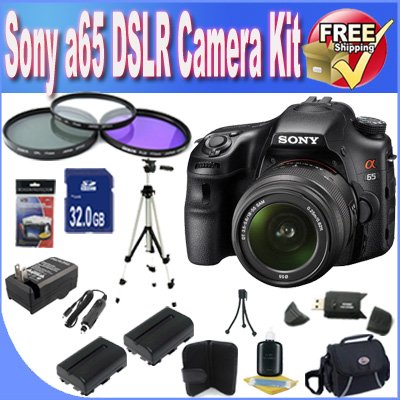Sony A65 24.3 MP Translucent Mirror Digital SLR With 18-55mm Lens + 32GB SDHC Memory + 2 Extended Life Batteries + Ac/Dc Charger + SDHC Card Reader + Deluxe Case w/Strap + 3 Piece Filter Kit + Full Size Tripod + Memory Card Wallet + Mini Tripod + Accessory Saver Bundle!