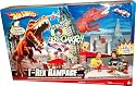 Hot Wheels T-Rex Rampage Playset with Dino that Chomps and Growls, Collapsible Buildings, Launching Surfboard, Circling Helicopter, Exploding Gas Station, Island Launcher, Car Elevator, 3 Story Parking Garage and Bridge Plus Exclusive 1:64 Scale Die Cast Metal Pizza Delivery Car