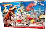 Hot Wheels T-Rex Rampage Playset with Dino that Chomps and Growls, Collapsible Buildings, Launching Surfboard, Circling Helicopter, Exploding Gas Station, Island Launcher, Car Elevator, 3 Story Parking Garage and Bridge Plus Exclusive 1:64 Scale Die Cast Metal Pizza Delivery Car