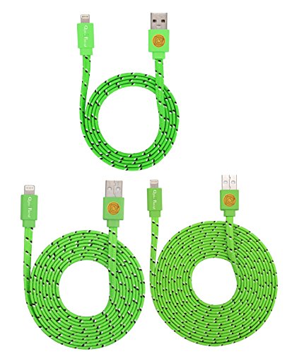 3 PACK 3ft/6ft/10ft Durable Braided Flat Noodle Lightning USB SYNC Cable Charger Cord for iPhone 5 / 5C / 5S / 6 / 6 Plus (Latest IOS Supported) iPad Mini iPod Touch 5th Air Gen(green)