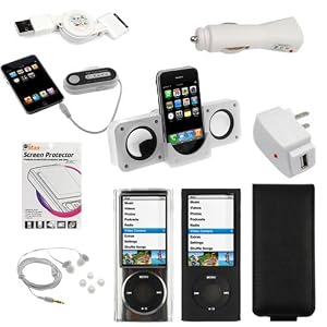 GTMax Crystal Clear Case + Black Leather Case + Black Skin Case + LCD Screen Protector + USB Car Charger + USB Home Charger + Retractable USB Data Cable + 3.5mm Stereo Headset + Mini Speaker + 4 Channels 3.5mm FM Transmitter for Apple iPod nano 16GB 8GB 5th 5G Generation NEWEST MODEL