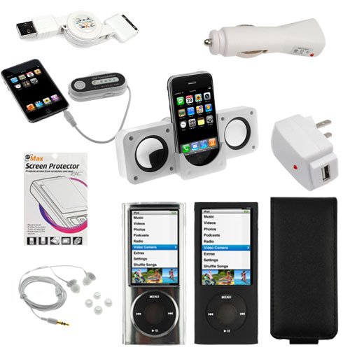 GTMax Crystal Clear Case + Black Leather Case + Black Skin Case + LCD Screen Protector + USB Car Charger + USB Home Charger + Retractable USB Data Cable + 3.5mm Stereo Headset + Mini Speaker + 4 Channels 3.5mm FM Transmitter for Apple iPod nano 16GB 8GB 5th 5G Generation NEWEST MODEL