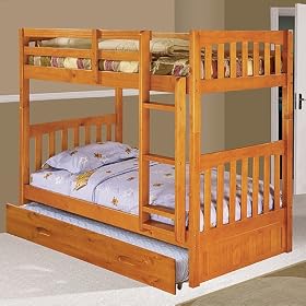 Honey Twin Twin Mission Bunk w Trundle: Desk Hutch and Chair, TV Stand