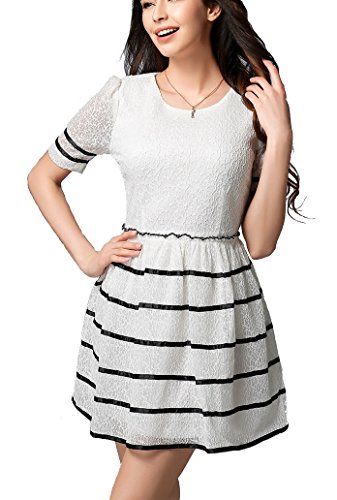 ボーダー柄ワンピース Ａラインワンピース サマードレス レディースファッション 春夏物 半袖 レース素材 フレアスカート マリンスタイル 大人カジュアル フェミニン エレガンス フォーマル お呼ばれ デート パーティー 結婚式 ２次会 通勤 通学 大きいサイズ オリジナルアクセサリー付属 lpsa100107