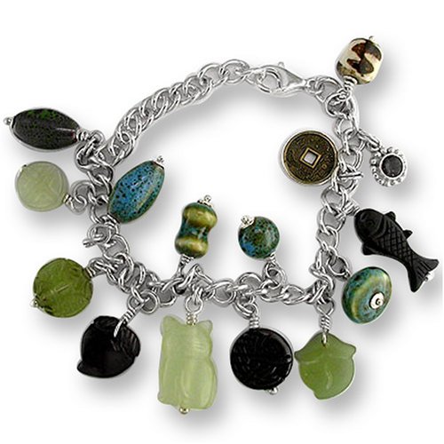 Sterling Silver Charm Bracelet with Carved Jade by Sajen