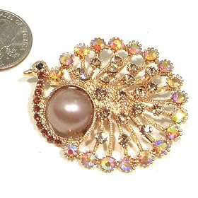 Yellow Topaz & AB Austrian Rhinestone & Faux Pearl Gold-Plated Peacock Brooch Pin