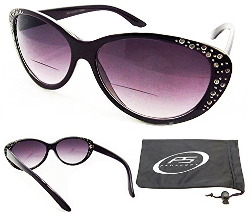 PRO Cat Eye Bifocal Sunglasses with rhinestones for Women. Bifocal readers from 1.00, 1.25, 1.50, 1.75, 2.00, 2.25, 2.50, 2.75, 3.00, 3.25 and 3.50. Free Microfiber Cleaning Case included.