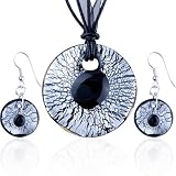 Silver Foil Black Crusted Round Pendant Earring Set