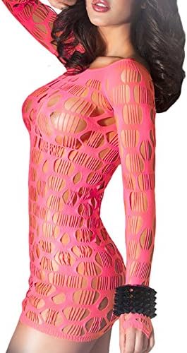 ZLM-DS Women's Sexy Long Sleeve Hollow Out Gauze Short Dress Lingerie Pink