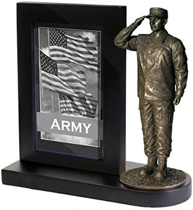 Khaki Army MD103B US Army Soldier in Army Combat Uniform Saluting on Black Wood Base with 4x6 Photo Frame
