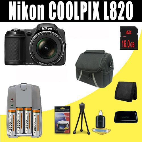 Nikon COOLPIX L820 16 MP Digital Camera with 30x Zoom (Black) 2600 mAh 4 AA Pack NiMH Rechargeable Batteries and Charger + 16GB SDHC Class 10 Memory Card + Carrying Case + SDHC Card USB Reader + Memory Card Wallet + Deluxe Starter Kit Bundle DavisMAX Accessory Kit On Sale