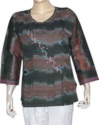 Cotton Shirts Womens Long Sleeve Top Blouse Block Print Hand Embroidery Size XL (tsht059)