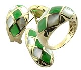 Green Jade and White Mother Of Pearl Diamond Back Earring, Ring and Pendant Set, 14k Gold