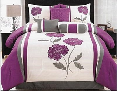 7 Piece Luxurious Purple Comforter Set for King Size Bed includes Quilted Comforter Bedskirt Pillows Shams Tokyo Collection