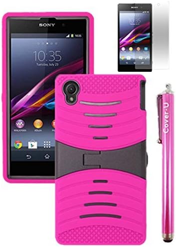 Cover-U® Sony Xperia Z1S C6916 HOT Pink Skin Armor Case Rugged Case Black with Stand Included Premium Screen Guard and Free Cover U (Tm) Stylus Touch Screen Pen