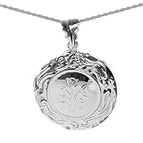 Sterling Silver Large Floral Circle Locket Pendant on 18in Rope Chain Necklace