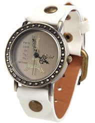 Ladys PU Leather Strap Eiffel Towel Pattern Accent Quartz Wristwatch Timepiece - White SWWM3-144661