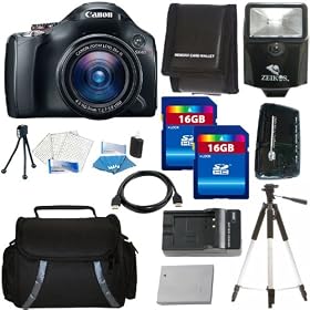Canon SX40 HS 12.1MP Digital Camera with 35x Wide Angle Optical Image Stabilized Zoom and 2.7-inch Vari-Angle Wide LCD + Canon NB-10L Equivalent Replacement Battery + Charger + Digital Flash + Camera Case + Aluminum Tripod + 32GB Deluxe Accessory Kit